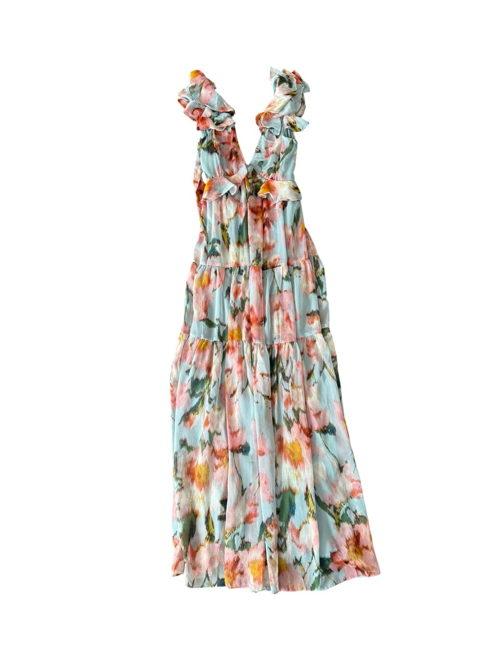 Aqua Floral Ruffle Maxi Dress